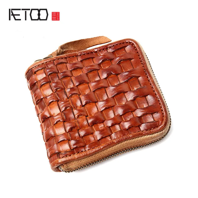 

AETOO The new vegetable tanned leather casual Wallet Zipper Braided Leather Purse Wallet short Vintage wallet