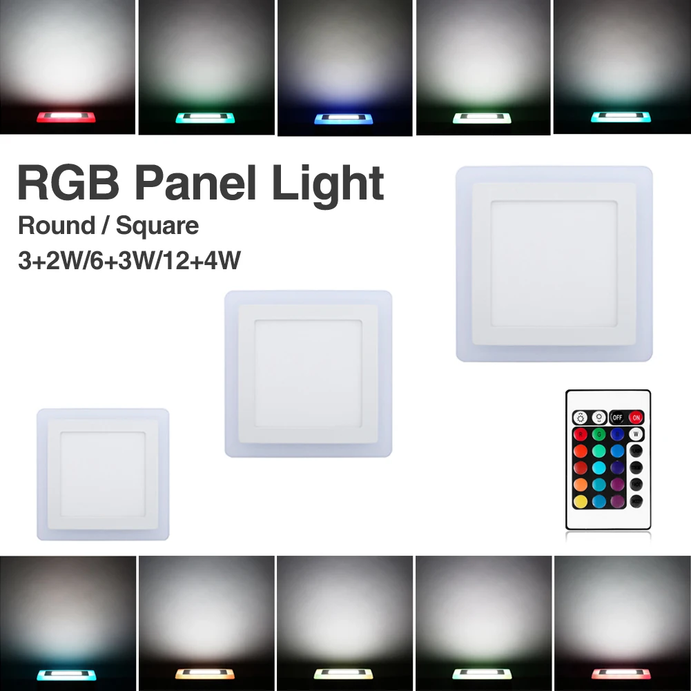 RGB потолочный светильник, Круглый, Квадратный, с регулируемой яркостью, RGB светодиодный, встраиваемый на поверхность, панельный светильник, красочный панельный светильник+ пульт дистанционного управления, 5 Вт, 9 Вт, 16 Вт