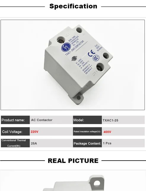 AC400V Ui 25A Single Pole 1 NO 220V 50/60Hz Coil AC