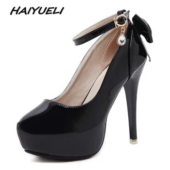 

HAIYUELI 2019 Women High heels Shoes Woman Pumps Fashion Female Ankle Strap Platforms Round Toe Stilettos Shoes Back Bowtie
