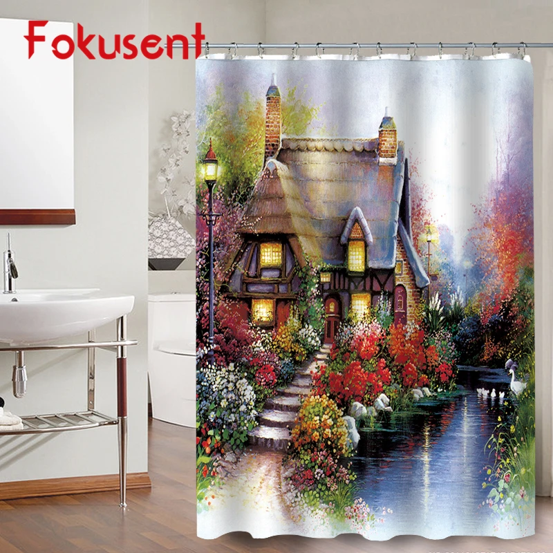 FOKUSENT High Quality Print Beautiful Seaside Town and Flowers Garden Polyester Fabric Bathroom Waterproof 3D Shower Curtains | Дом и сад