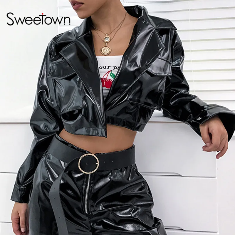 Sweetown стимпанк кожаная куртка-бомбер для женщин Осенняя мода PU Chaqueta Mujer уличная черная короткие куртки и куртки