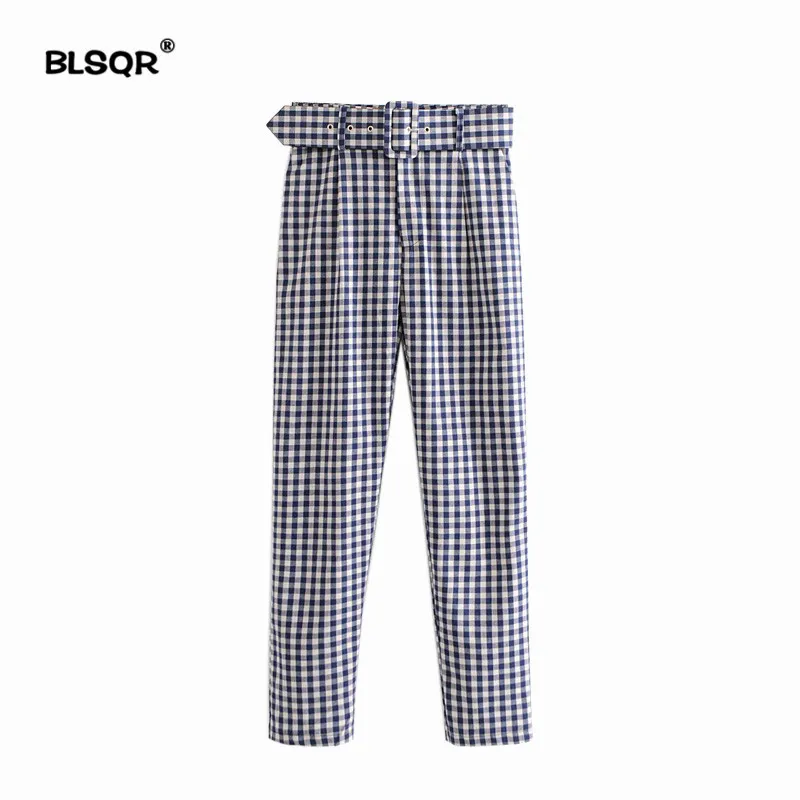 Fashion Women Vintage Plaid Ankle Length Pants With Belt