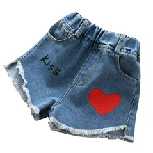Детские джинсы летние шорты Повседневное любовь печати деним для девочек короткие штаны модные штаны для малышей Шорты Новое поступление От 3 до 7 лет