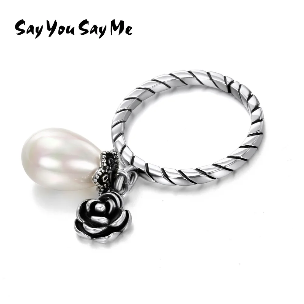 

925 Silver Rose Pearls Rings Oval Rice Freshwater Pearls Rings For Women Fine Jewelry Simple Rose Flower Rings SAY YOU SAY ME