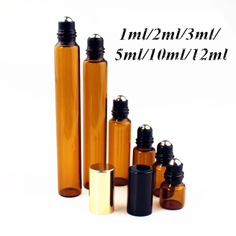 

50pcs/lot 1ML 2ML 3ML 5ML 10ML 12ML Glass Roll On Bottle Amber Roller Essential Oil Bottle Thin Glass Vials Sample Test Bottle