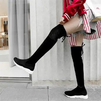 

NAYIDUYUN Thigh High Boots Women Velvet Wedges Platform Low Heel Over The Knee High Riding Booties Slim Leg Punk Long Sneakers