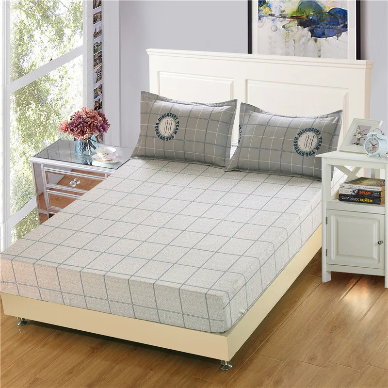 

1 Piece 100% Cotton Fitted Sheet Plaid Print Bed Sheet For Single Double Bed Kids Adults XF637-19 (No Pillowcase)