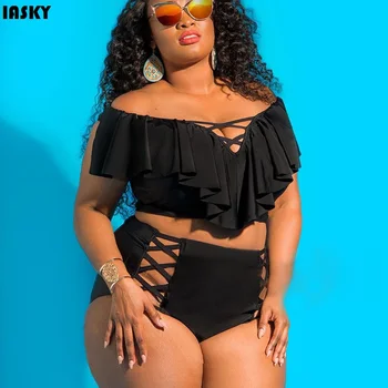 

IASKY High Waist Swimsuit 2018 Plus Size Swimwear Women Ruffles Bikinis Push Up Bikini Set Bathing Suits Swim Wear 5