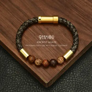 REAMOR 2019 Men Black Braided Leather Bracelets Natural Stone Bracelet Gold 316L Stainless steel Embedded Clasp Bangle Jewelry
