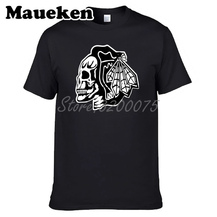 Мужские футболки Chicago Blackhawks skull fans Game 100% хлопковые с круглым вырезом хлопковая