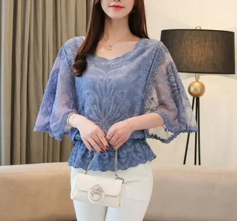 

New Chiffon Blouse O-Neck 2019 Summer Full Cotton Edge Lace Blouses Shirt Butterfly Flower Half Sleeve Women Shirt Fashion