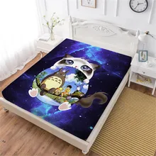 3D Cartoon Bed Sheet Totoro Galaxy Fitted Sheet Kids Natural Scenery Print Bedding Sheets King Queen Mattress Cover Elastic Band