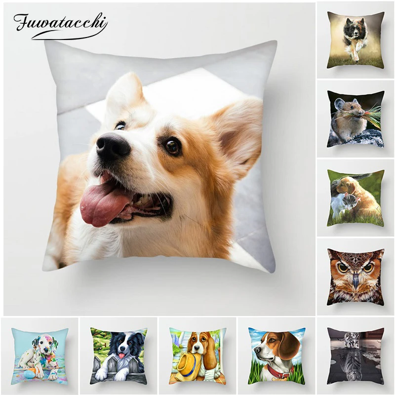 

Fuwatacchi Cute Dog Cat Cushion Cover Eagle Cat Couple Pillow Cover for Sofa Home Chair Decorative White Painted Pillowcases
