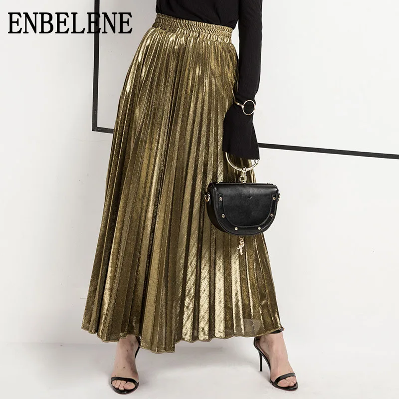 Модные длинные плиссированные юбки женские однотонные черные, золотые, серебряные, ампир талии длиной до щиколотки женские трапециевидные макси юбки женские GJ062