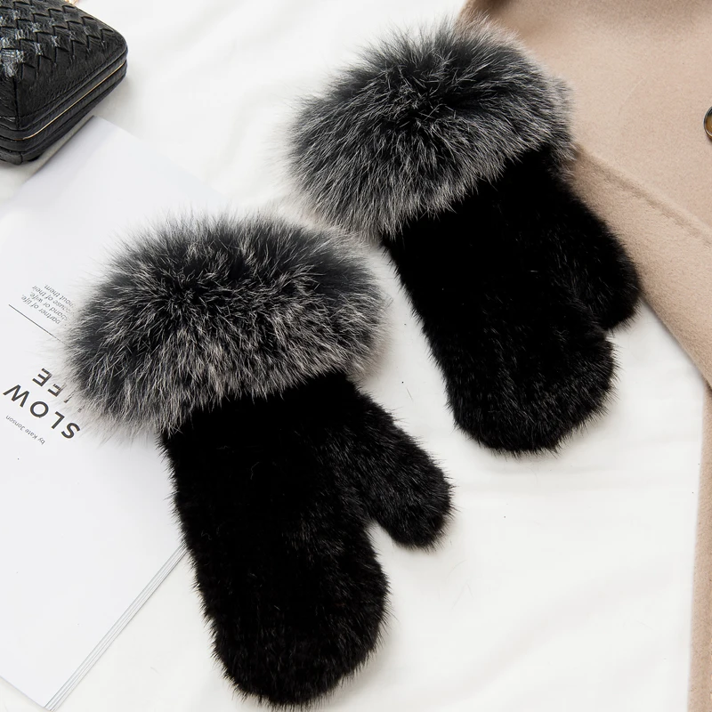 Glaforny брендовые модные зимние женские перчатки из натуральной натуральный мех норки перчатки вязаные варежки толстые теплые меховые перчатки s& варежки - Цвет: Black