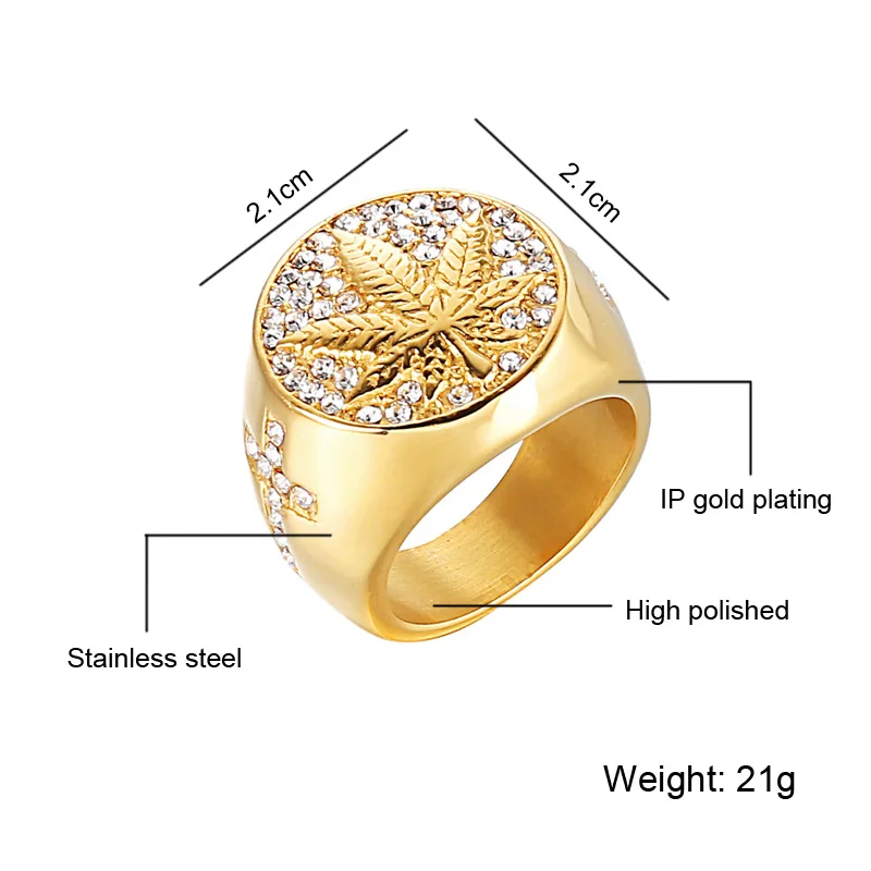 HIP Hop 316L Stainless Steel Iced Out Bling Gold Color Ring Micro Paved Rhinestone Weed Maple leaf Rings for Men Jewelry - Цвет основного камня: Gold
