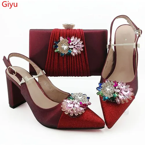

OLOMM new Shoes and Bag Set African Sets 2019 wine Color Italian Shoe Bag Set Decorated with Rhinestone High Quality!KW1-32