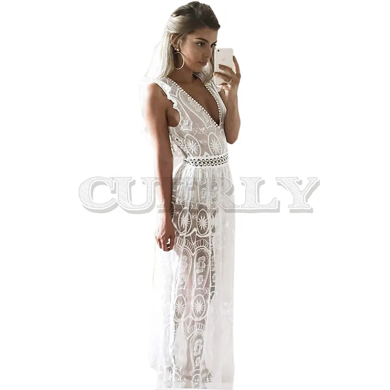 Image Sexy Hollow Out White Lace Dress Women Spring High Waist Sleeveless Backless Dress Elegant Christmas Maxi Long Dress CUERLY