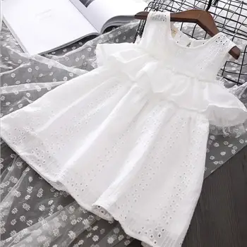

New 2019 Baby Girls Summer Cotton White Hollow Out Ruffles Dress Princess Children Cute Dress 5 pcs/lot, Wholesale