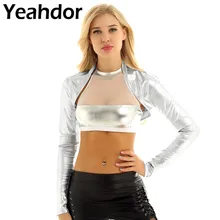 Women Shiny Metallic Long Sleeves Open Front Shrug Bolero Short Crop Cardigan Top Wrap for Stage Performance Aerial or Rave