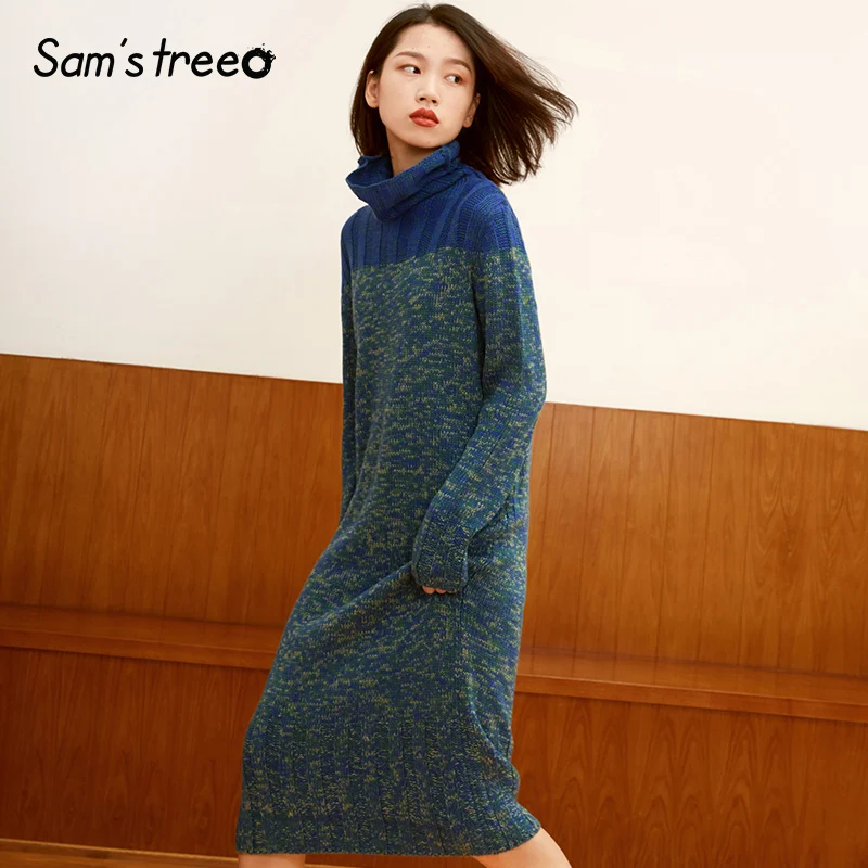 

Samstree Vintage Autumn Women Long Sweater Turtleneck Mid-Calf Winter Knitted Dress Contrast Color Female Winter Sweater