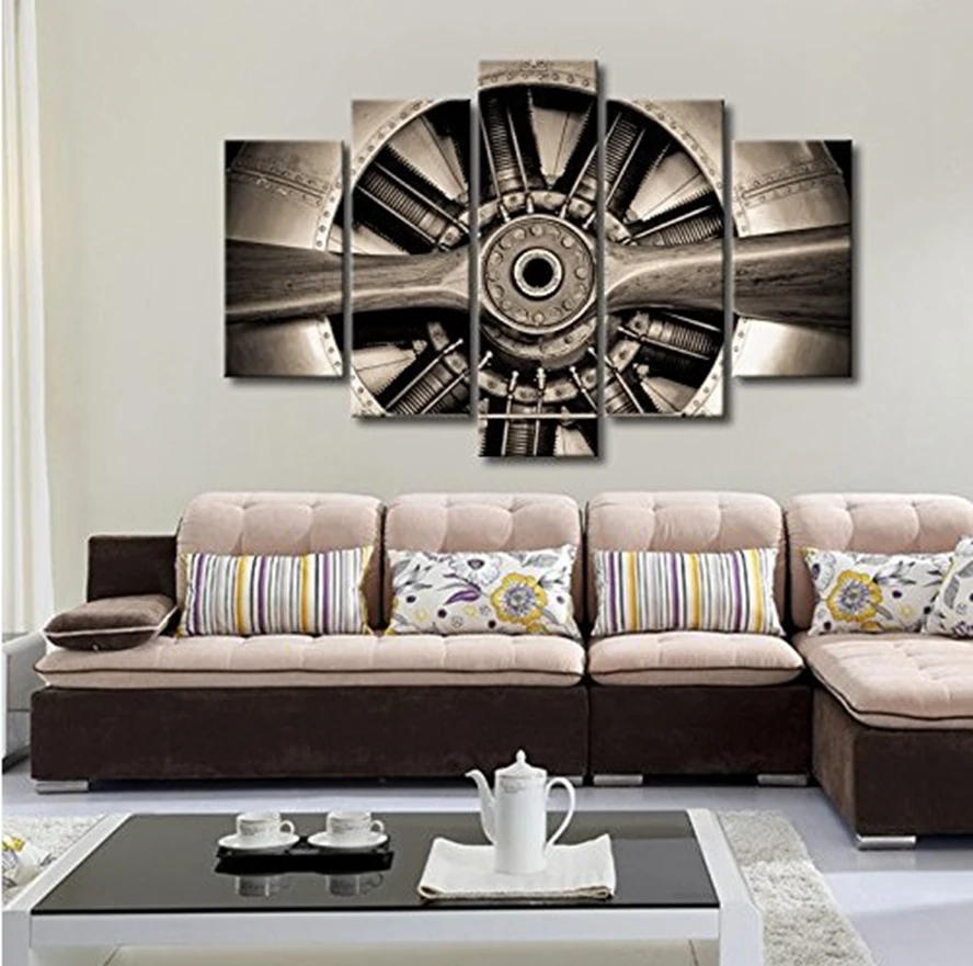 5 Panels Vintage Canvas Art Wall Decor Turbine Plane Propeller Jet Engine  Modern Home Wall Decor Framed for Living Room