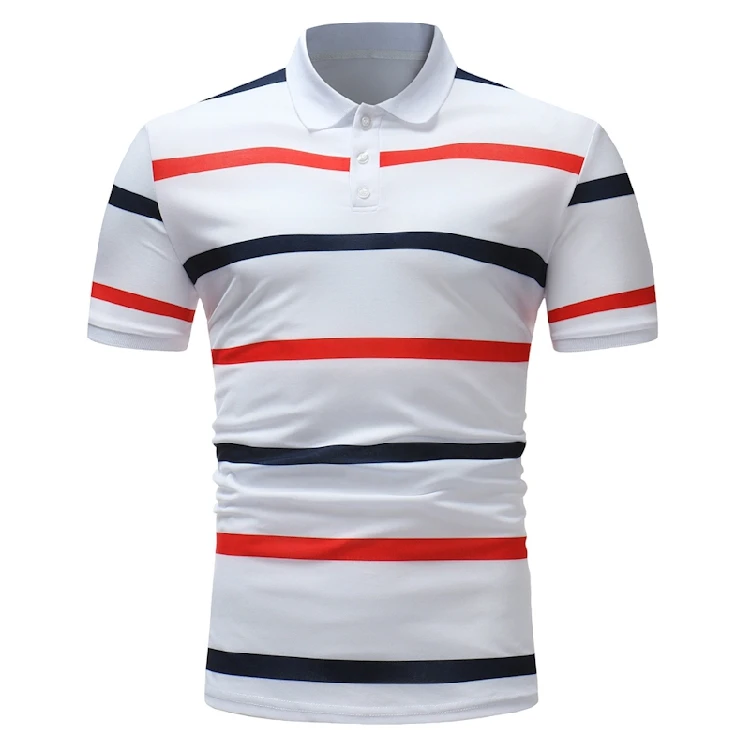 Mens Polo Shirt Male Short Sleeve Casual Slim Striped Polos shirts Summer Beach Cotton Holiday Printed Tees Tops White Blue | Мужская