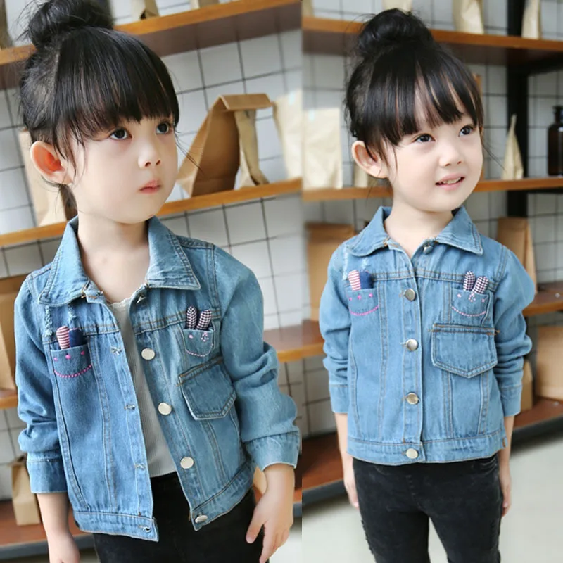Корейский осень-зима джинсовая куртка для девочек детские школьные короткие Стиль круглый вырез горловины Бисер с длинными рукавами верхняя одежда пальто F30