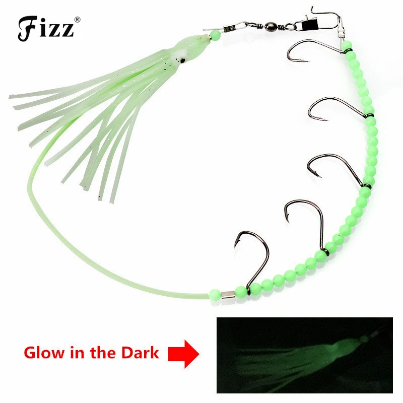 

Luminous Soft Rubber Octopus Skirt Lure+Glow in the Dark Beads+5 Circle Fishhooks+Swivel Connector in Fishing Steel Wire 2018New
