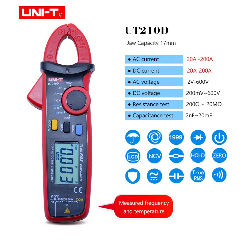 UNI-T Мини цифровой клещи; UT210D/UT210E AC DC Вольт Ампер Ом метр; True RMS мультиметр+ USB напряжение и ток монитор - Цвет: UT210D