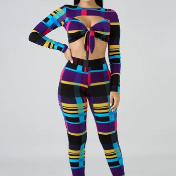 

Colorful Striped Hollow Out O-Neck Crop Top With Bodycon Pants Women Two Piece Set Sexy Fashion Full Sleeve Hit Color Tracksuit
