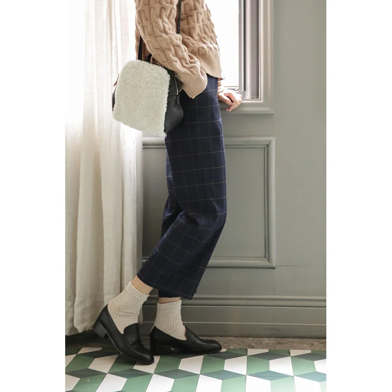 

LYNETTE'S CHINOISERIE Spring Autumn Women High Waist England Style Plaid Vintage Eco-friendly Fabric All-match Trousers