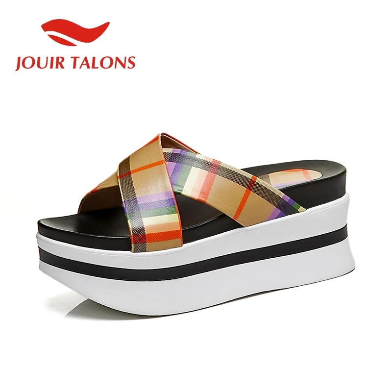 

JOUIR TALONS Fashion Mixed Color Flat Platform Slippers Women Summer Genuine Leather Slippers Women Casual Shoes Woman