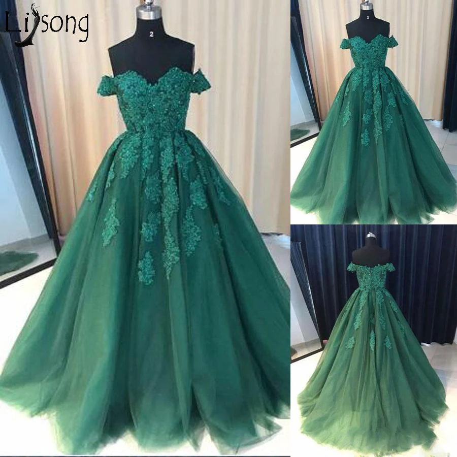 New Arrival A-Line Prom Dresses Off the Shoulder Green Lace Applique Prom Gowns, Formal Women Dress149
