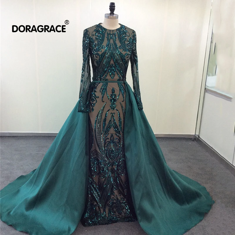 

Doragrace Real Photo Gorgeous Long Sleeve Evening Dresses Sequined Prom Dresses With Detachable Train