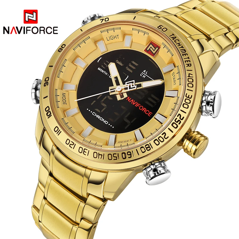 

2108 Men's NAVIFORCE Luxury Brand Sport Watches Men Dual Display LED Digital Waterproof Full Steel Quartz Watch Man Clock