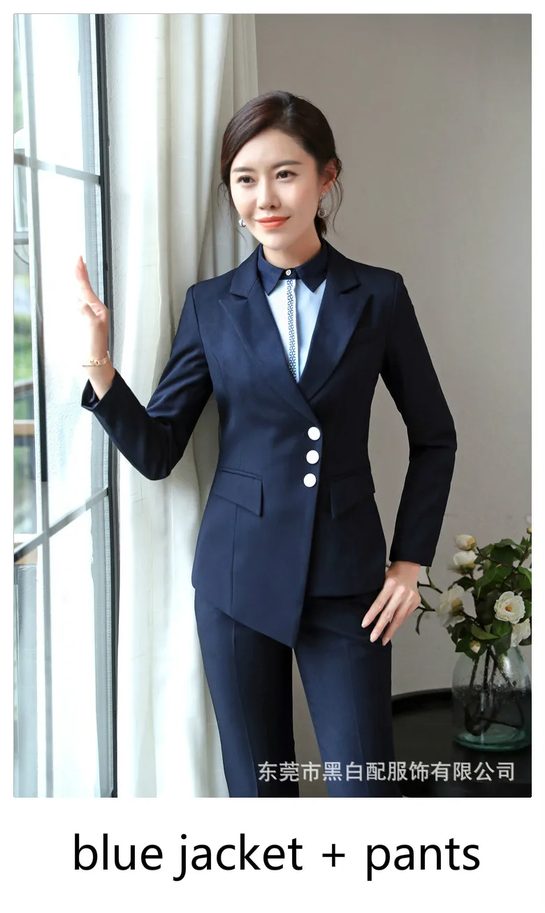Blue Blazer Pants Осенние приталенные женские блейзеры официальные пиджаки офисная Дамская Работа с вырезами OL Дамский Блейзер Пальто костюм 3 пуговицы Длинные Короткие - Цвет: Blue Blazer Pants