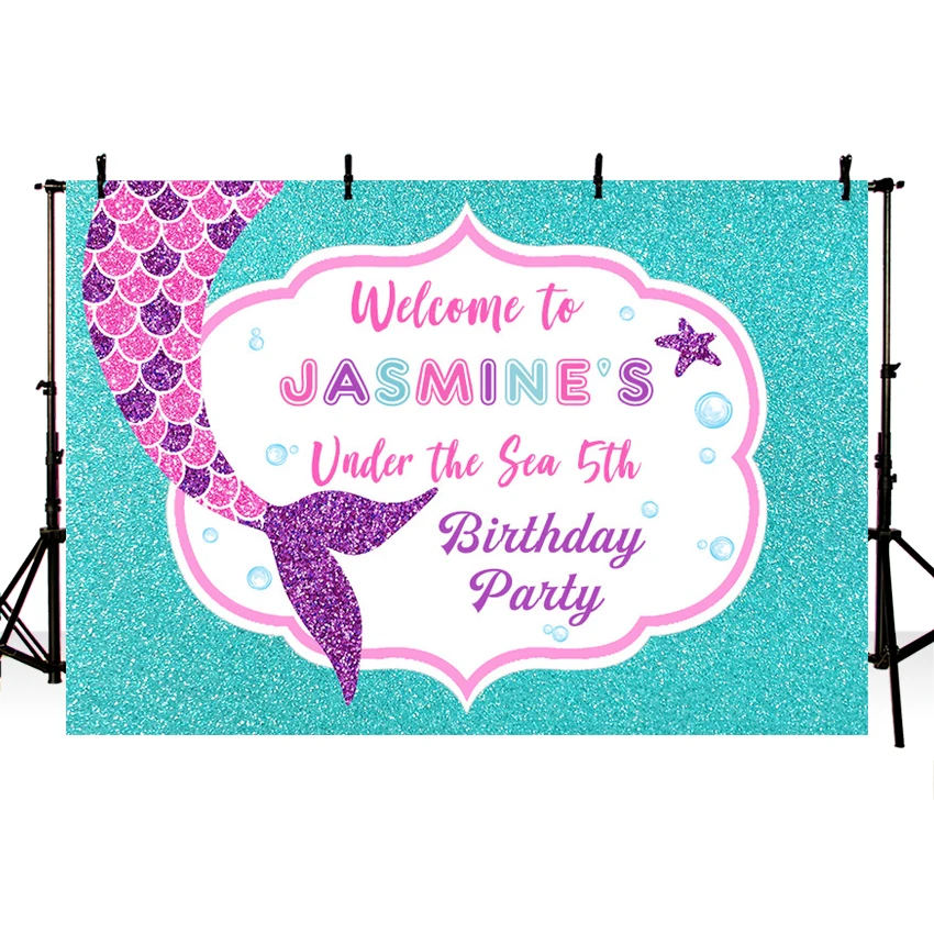 

MEHOFOTO Girls Mermaid Birthday Party Photography Backdrop Customized Under The Sea Blue Backgrounds for Photo Studio Vinyl