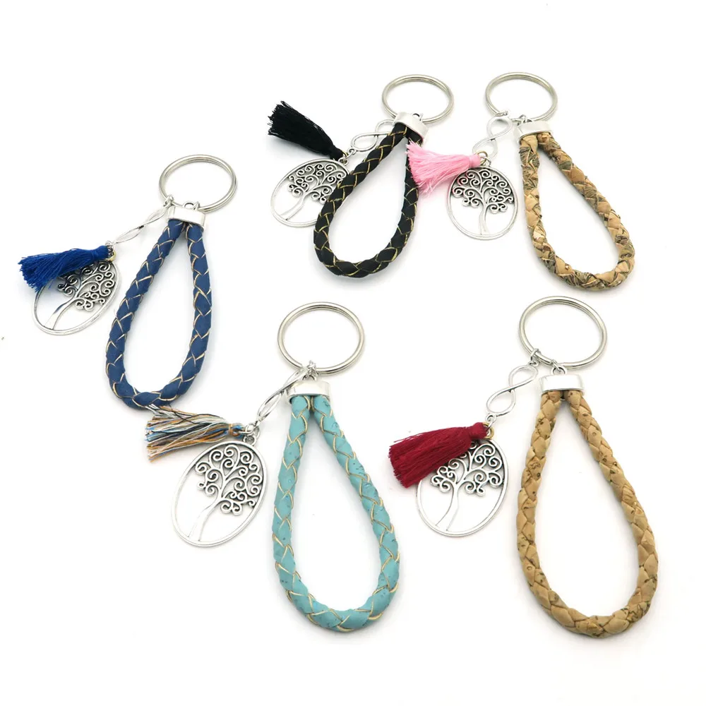 

5 units Natural Cork keychian Antique sliver life of tree with red tassel handmade cork Keychain original wooden I-042