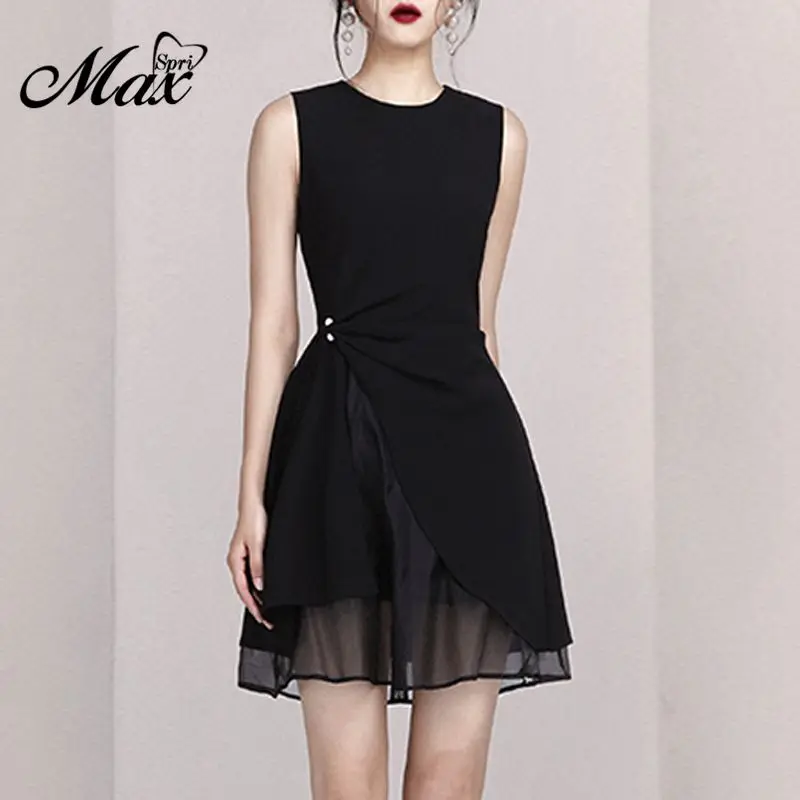 

Max Spri 2019 New Mesh Ruched Sleeveless O-Neckline A-line Skater Dress Party Little Black Dress