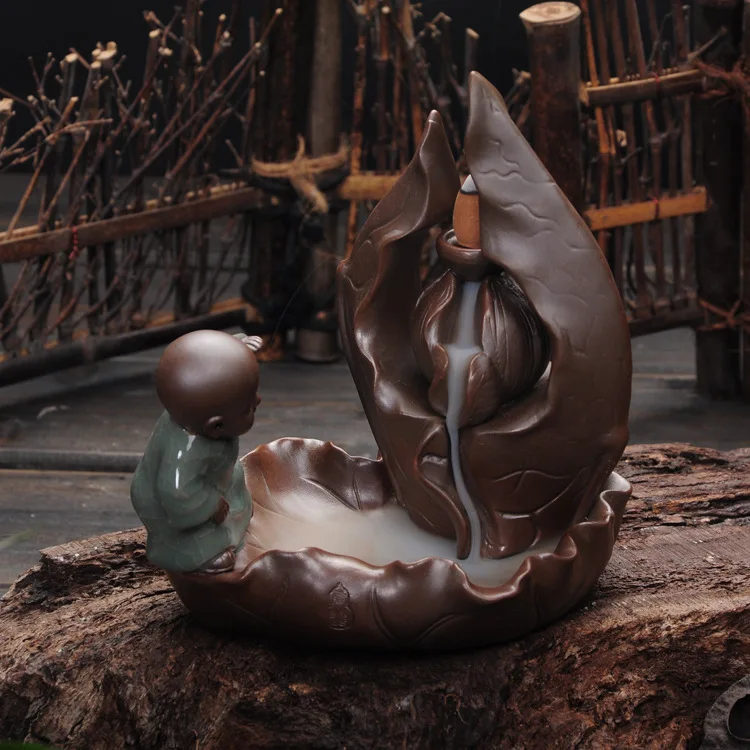 Lotus Leaf Backflow Incense Burner Tea Ceremony Aroma Ceramic Purple