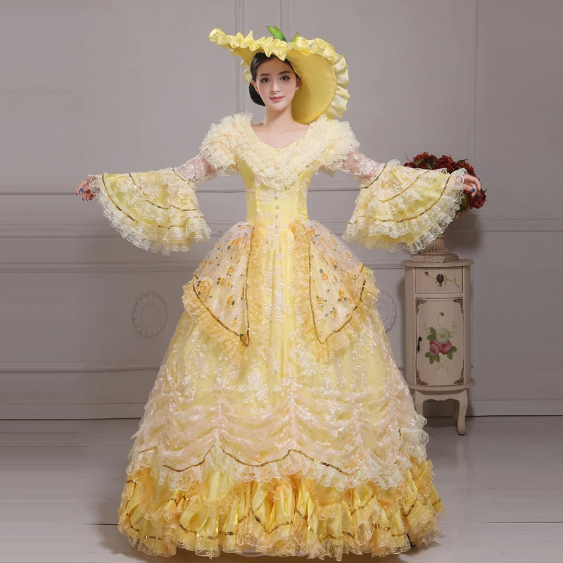 

2017 Brand New Yellow Lace Flower Marie Antoinette Dress Medieval Renaissance Singer Stage Performance Costume