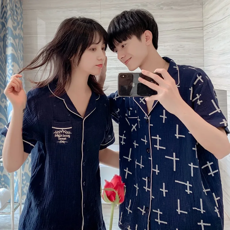 

2019 New Summer Short-sleeved Shorts Couple Pajamas Set Cute Embroidery Ladies Home Clothes Men's Large Size Pijama Kigurumi