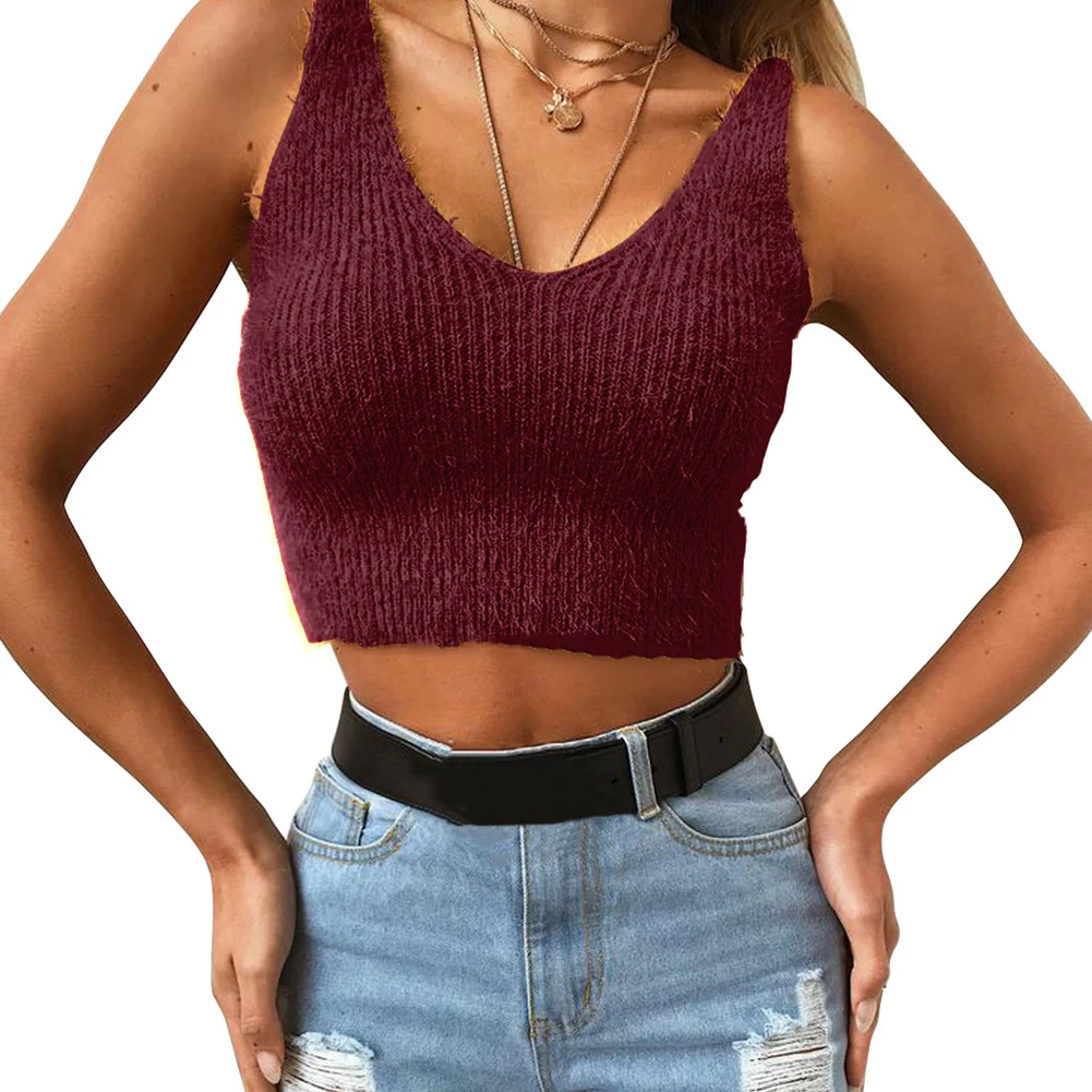 Женская мода без рукавов v-образным вырезом мохер свитер с открытой спиной Повседневный укороченный топ