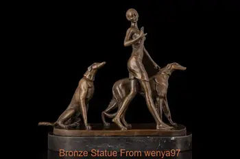 

Art Deco Sculpture Lady Girl Woman Walking With dog Bronze Statue