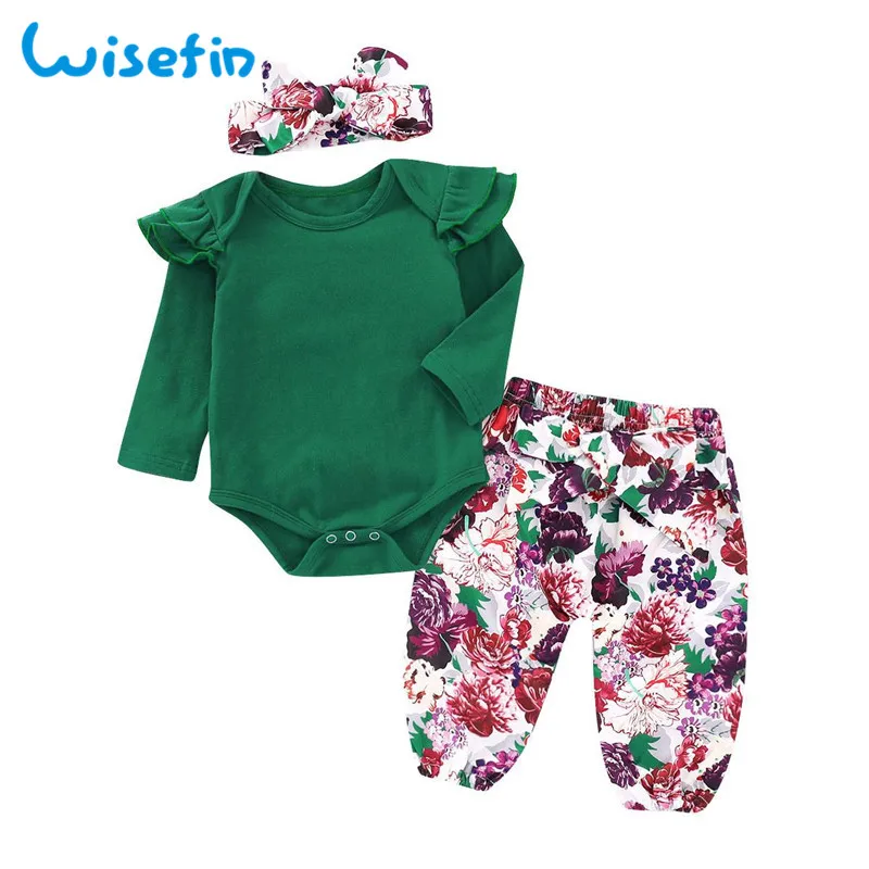 Wisefin Long Sleeve Baby Girl Clothes Set Cute Baby Girl Clothes Set Newborn Outfits Baby Girl Ruffle Tops+Pants+Headband Summer