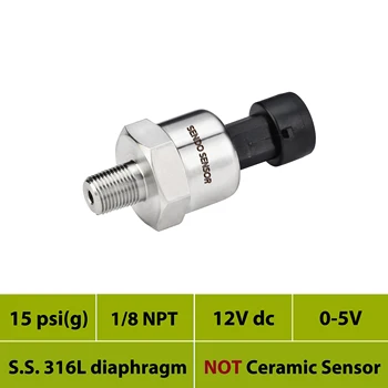 

low cost pressure sensor, 0 15psi, 100 kpa gauge, 12V 24V dc, 9 to 30 vdc, 0 to 5V signal, 316L stainless steel diaphragm, IP65
