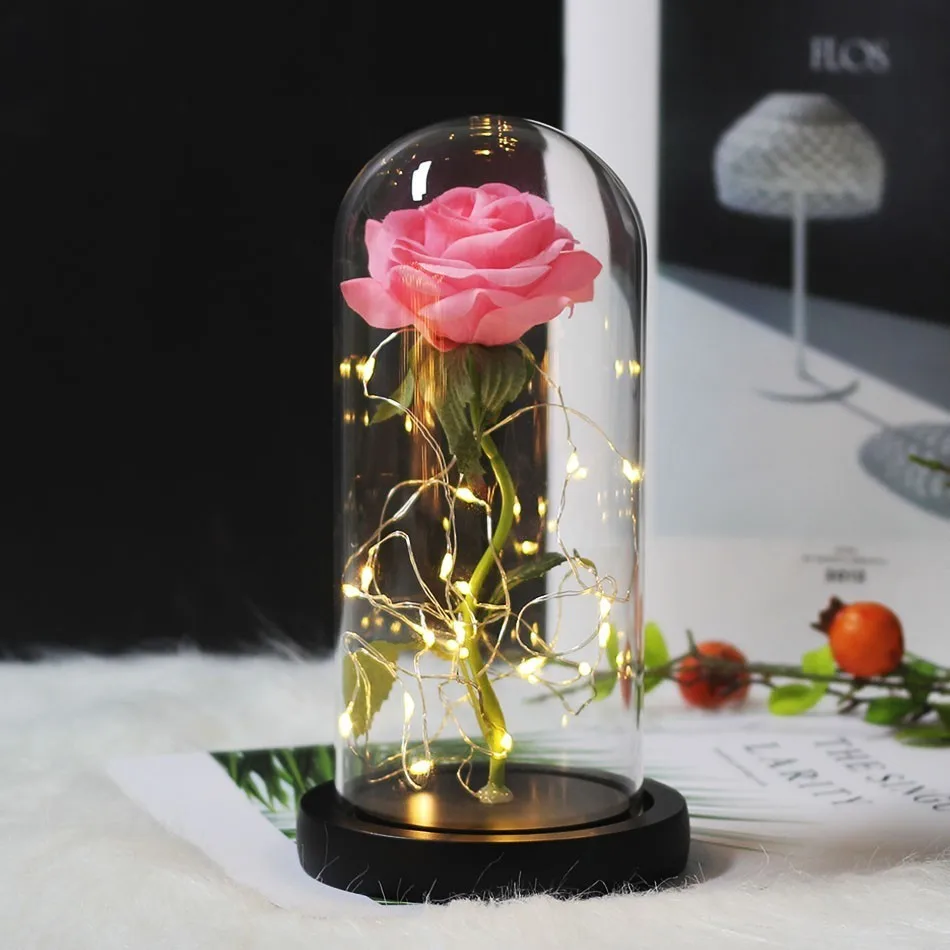 Deep Pink Красавица и Чудовище красная роза в стеклянном куполе на деревянной основе для подарков на день Святого Валентина светодиодный лампы с розами украшения Рождественского дома - Цвет: Deep Pink