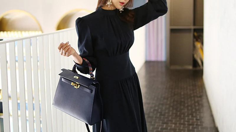 Dark Blue Stand Collar Lantern Sleeve A-line Office Dress